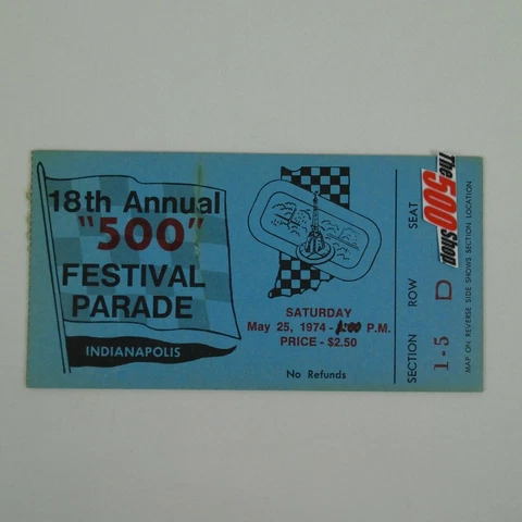 1974 Used 500 Festival Parade Ticket Stub - IndyCar Indianapolis 500 Indy Race Cover