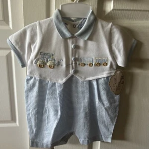 NWT Carriage Boutique SZ 6 MONTHS Vintage Shortall Collared Romper Train Spring - Picture 1 of 14