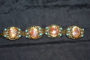 Vintage FLORENZA? Scene Cameo Gold Tone Bracelet Faux Pearls & Turquoise Unsign - Picture 1 of 19