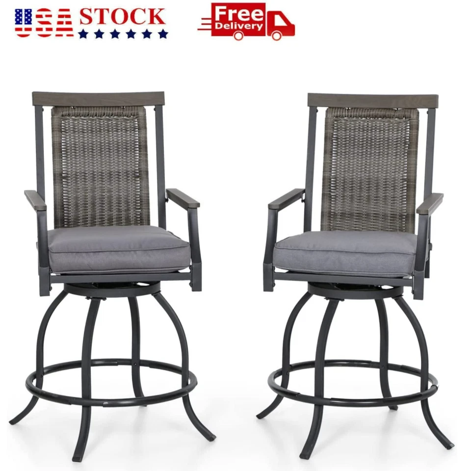 Juego de 2 taburetes de bar giratorios de exterior con respaldo de ratán para jardín resistente Foto 1 de 4
