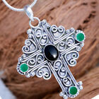 Oval Black Onyx, Green Onyx Gemstone 925 Sterling Silver Cross Christmas Pendant