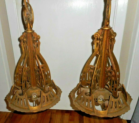 FANCY PAIR OF Antique ART DECO 5 Slip Shade Fancy Ceiling Hanging Light Fixtures Cover