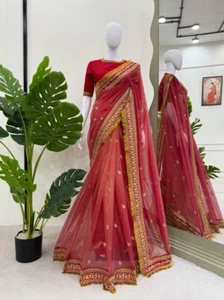 New Presenting Twil Net Red Saree With Benglori Silk Blouse For Women Wear - Picture 1 of 12