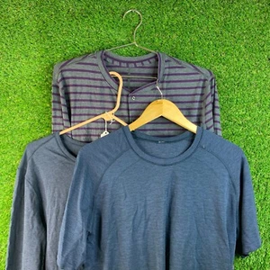 Lot of 3 Lululemon Men's T-Shirt Blue L Striped Henley - Picture 1 of 16