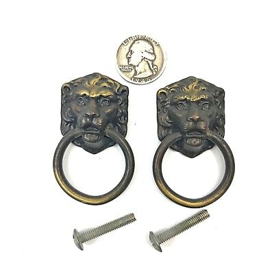 2 1950's Vintage Lion Head Drop Ring Drawer Pulls Antique Brass Finish • 14$