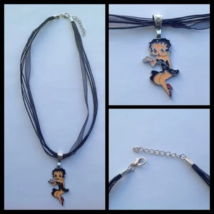 NEW HANDMADE BETTY BOOP ORGANZA RIBBON NECKLACE BLACK COLOR - Picture 1 of 6