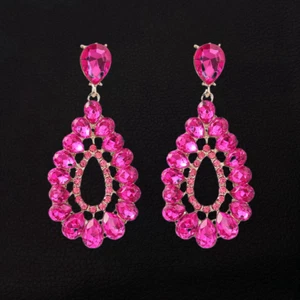 Rose Pink Rhinestone Hollow Teardrop Dangle Stud Earrings - Picture 1 of 3