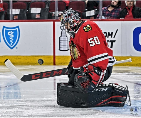 Corey Crawford Chicago Blackhawks Unsigned Red Jersey Making Save Photograph Cover