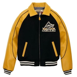 Men's Avirex Black & Yellow Bomber Wool Motorcycle Biker Jacket Cowhide Jacket - Picture 1 of 4
