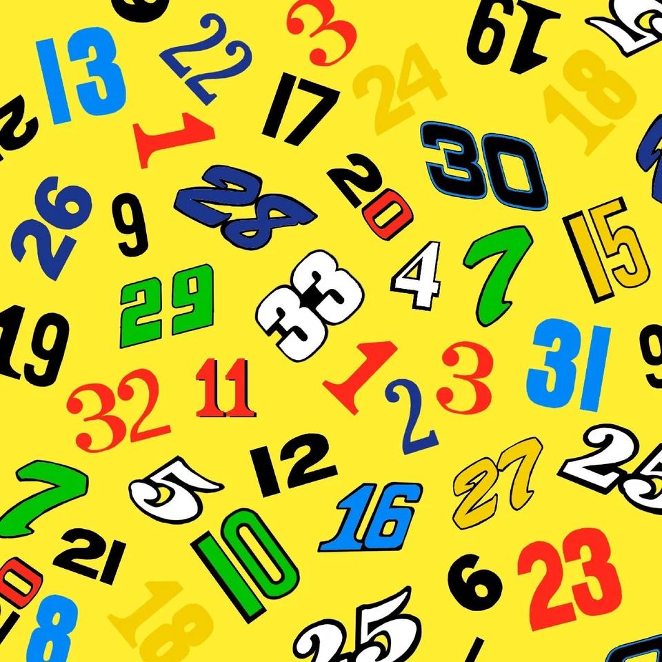 BTHY Fast Track Numbers Bright Yellow Cotton Fabric By The Half Yard 1175-44 - Image 1 of 1