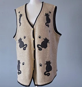 Vintage C.J. Banks Pullover Weste Größe 1X Katzen Stickerei Beige Knopfleiste 2001 - Bild 1 von 19