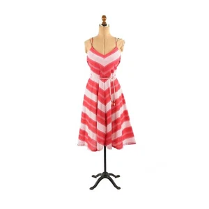 Vintage 70s 80s Hot Pink + White Summer Chevron Stripe Print Full Skirt Dress - Picture 1 of 6