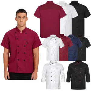 Unisex Double-Breasted Chef Coat Short Sleeve Contrast Color Trim Cooks Jacket - Picture 1 of 116