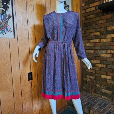 Vintage Anos 80 Ditzy Paisley Preppy Feminino Cintura Floral Midi Vestido Dia do Chá M/G - Imagem 1 de 4