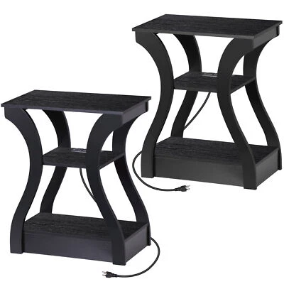 2X End Table w Charging Station 3 Tier Side Tables for Living Room Bedroom Black - Image 1 of 4