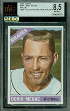 1966 TOPPS LOA # 184 DENIS MENKE PROOF BGS 8.5 MAC SOLO FINEST GRADE *