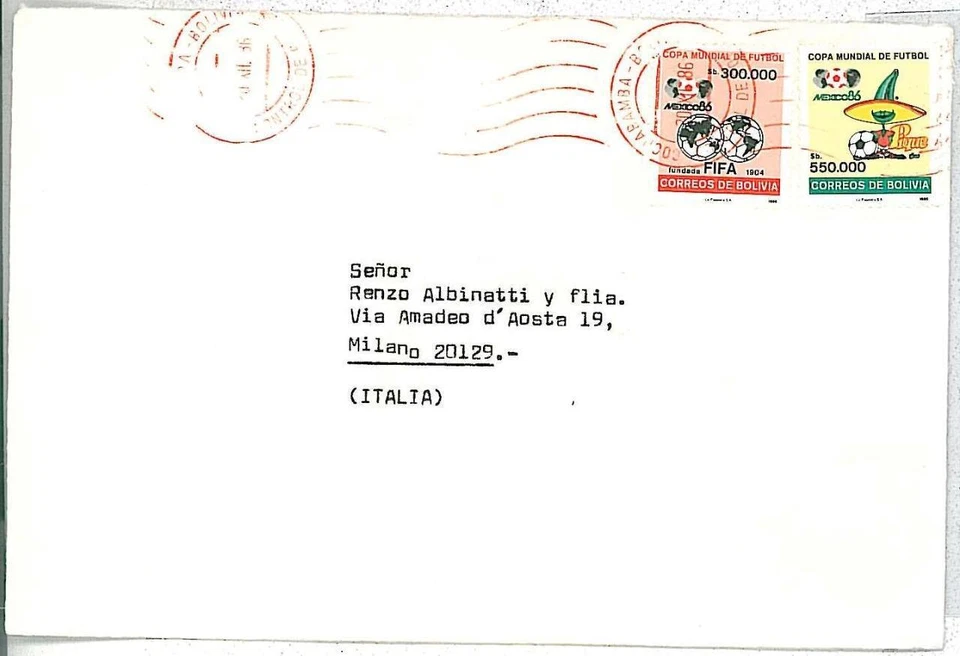 26760  - BOLIVIA - POSTAL HISTORY : COVER to ITALY 1986- FOOTBALL - Image 1 of 1