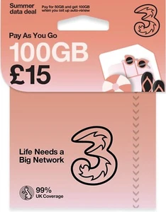 Three 3 3G/4G/5G Network SIM Card Pay as You Go Micro Nano