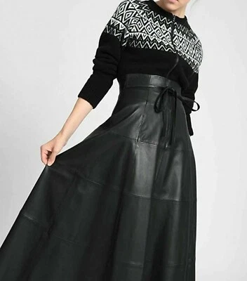 Womens Long Length Genuine Lambskin Sheep Napa Stylish Black Leather Skirt - 004 - Image 1 of 4