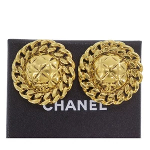 CHANEL Used Round Logos Chain Motif Earrings Gold Clip-On Vintage #BK663 S - Picture 1 of 10