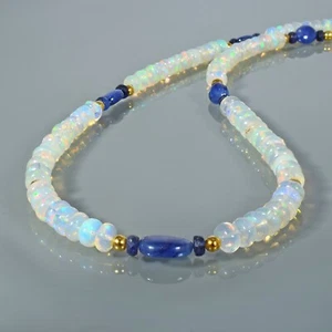 Natural Rainbow Ethiopian Opal & Sapphire Beaded 18" Chain Handmade Necklace - Picture 1 of 5