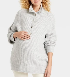 Half Button-Up Pullover Maternity Sweater - Isabel Maternity Light Gray Large - Picture 1 of 7