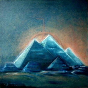 Quadro dipinto a mano olio su tela moderno paesaggio firmato blu arredo PIRAMIDI - Foto 1 di 7