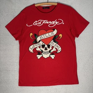 Ed Hardy T Shirt Women’s Size XXL Red Love Kills Slowly Rhinestones Y2K Retro - Picture 1 of 14