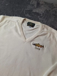 Maglione vintage Orvis cotone egiziano scollo a V uomo XL avorio trota ricamato - Foto 1 di 10