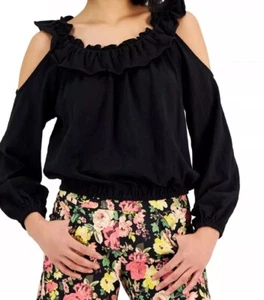 INC Black Cold Shoulder Top XL Ruffled Sleeves Soft Knit Casual Boho Chic - Picture 1 of 20