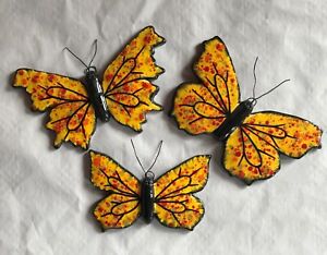 Unique handmade wall hanging ceramic butterflies set of 3 red flecks on yellow