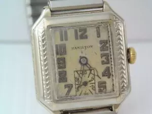 RARE 1931 HAMILTON 14K WHITE GF WATCH SQUARE CUT CORNER ENGRAVED CASE RUNNING - Picture 1 of 12