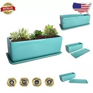 Elegant 14'' Rectangular Ceramic Succulent Pot with Drainage - Turquoise Design - Picture 1 of 8