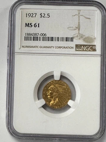 1927 $2 1/2 GOLD INDIAN HEAD NGC MS 61 CERTIFIED QUARTER EAGLE (1908-1929) Cover