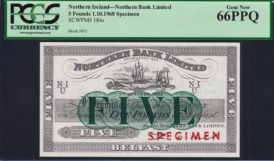 Northern Ireland 5 Pounds SPECIMEN 1968 Pick-184s Gem UNC PCGS 66 PPQ - Image 1 of 2