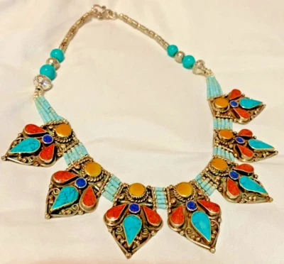 Collar étnico lapislázuli coral turquesa plata tibetana Foto 1 de 4
