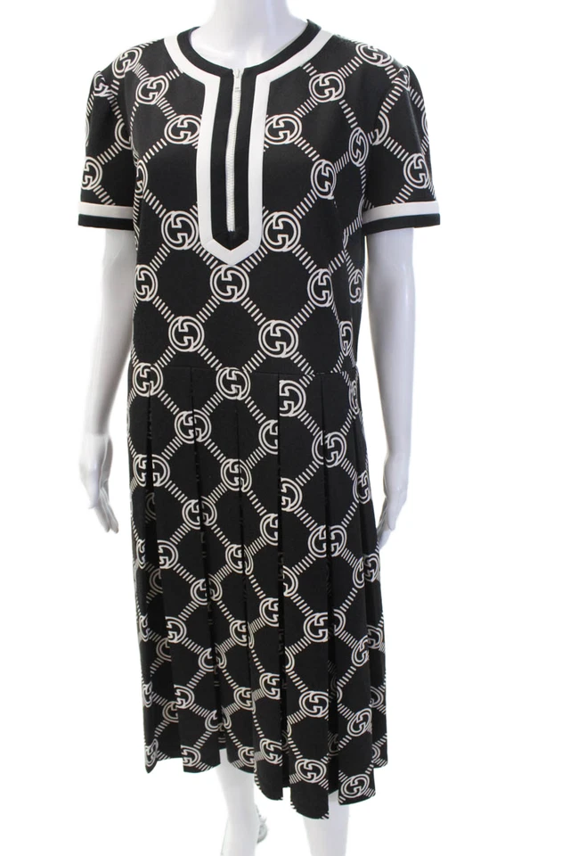Gucci Women Shift Dress Black Geometric Full-Length Short Sleeve Zip Size XL - Image 1 of 4