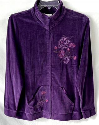 Sport Savvy Velour Jacket Sz L Purple Floral Embroidery Zip A93043 Women H881 - Image 1 of 4