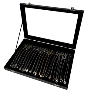 Caja organizadora de collar de terciopelo negra de 20 ganchos con tapa transparente - Imagen 1 de 9
