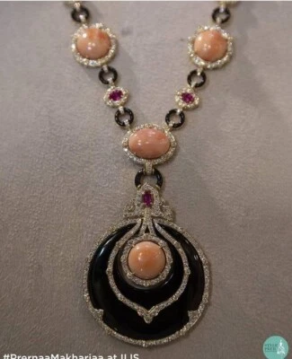 Orange Coral 45.68 CT Round Shape White CZ Enamel Women Pendant Necklace Silver - Image 1 of 4