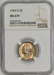 1949-D Jefferson Nickel 5c MS67+ NGC 943288-5 - Foto 1 di 4
