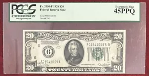 1928 $20 Federal Reserve Note PCGS EF 45 PPQ Fr 2050-F Graded Currency Bill - Picture 1 of 3