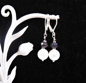 Beautiful Sterling Silver Iolite & 9mm Pearl Lever Back Dangle Earrings F54 - Picture 1 of 2