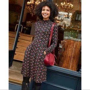 Boden Alice Floral Long Sleeve Ruffle High Neck  A-Line Dress Black Multi 6R - Picture 1 of 18