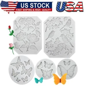 5 Pack Butterfly Rose Flower Stems Birds Blossoms Silicone Fondant Mold - Picture 1 of 8