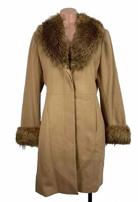 Vintage Y2K Esprit Beige Brown Wool Coat Faux Fur Trim M Penny Lane Bratz Jacket - Image 1 of 4