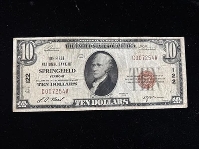 1929 $10 FIRST NATIONAL BANK SPRINGFIELD VERMONT NATIONAL CURRENCY CH # 122 - Image 1 of 4