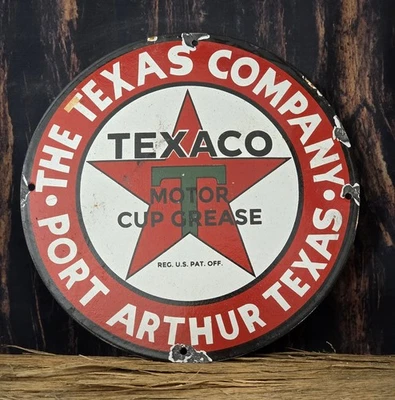 VINTAGE TEXACO PORCELAIN GAS SIGN, PORT ARTHUR TEXAS, MOTOR CUP GREASE 12" - Image 1 of 4