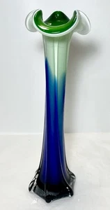 Murano Style Calla Lily Jack In the Pulpit Vase Green & Blue Art Glass 12” - Picture 1 of 12
