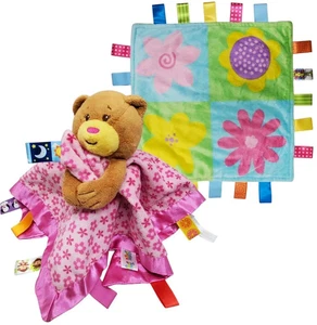 Taggies Bear & Flowers Baby Loveys Girls Plush Sensory Toy Security Blankets Lot - Picture 1 of 10